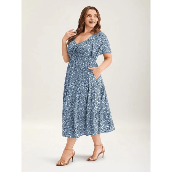 Plus Size 30 6X Bloomchic V-Neck Ditsy Floral Midi Dress Short Sleeve Pocket - Picture 1 of 7